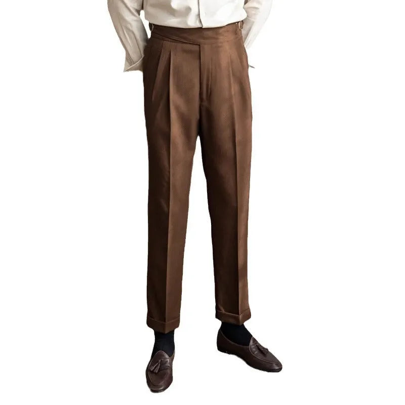 Men's high waist straight leg casual trousers in black, shown on a hanger.