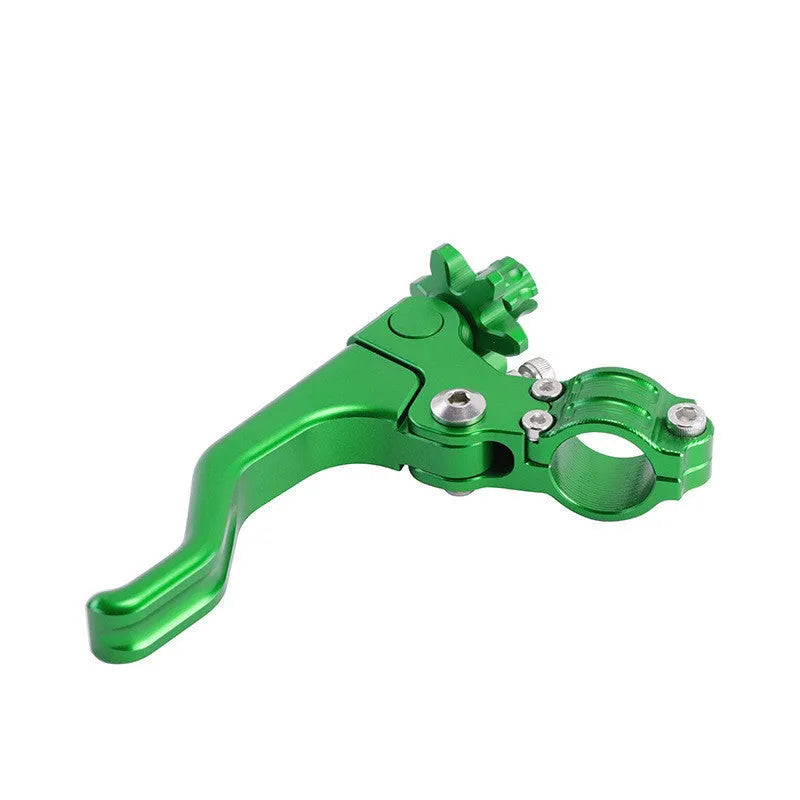 Aluminium motorcycle clutch lever in two-finger design shown in multiple colour options: red, green, orange, blue, titanium, black, gold, silver.