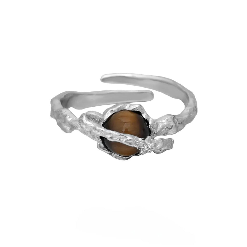 Women's Saturn design open ring with adjustable silver band and tigereye stone detail