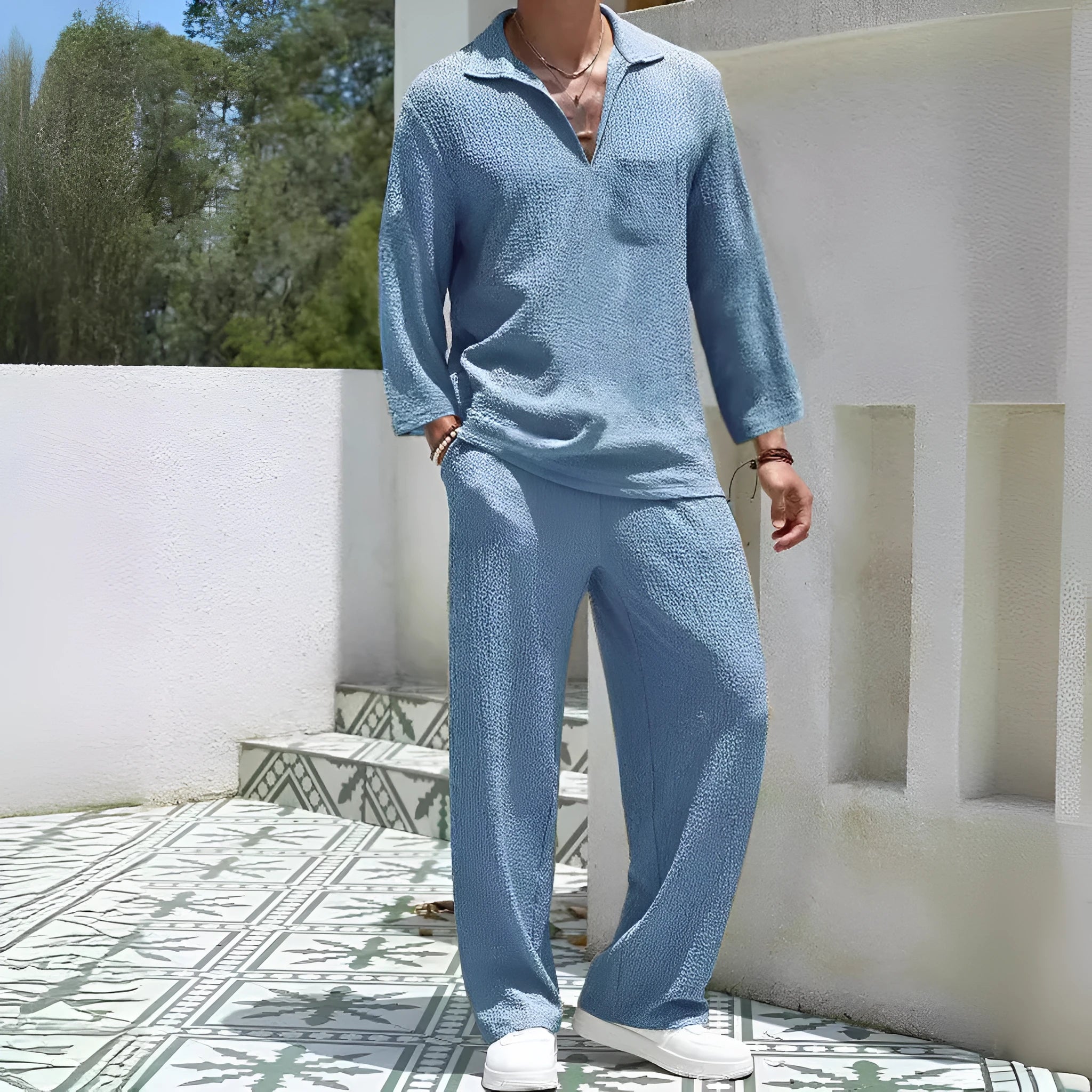 Men's casual polyester shirt trouser suit in lake blue colour with Asian sizing options