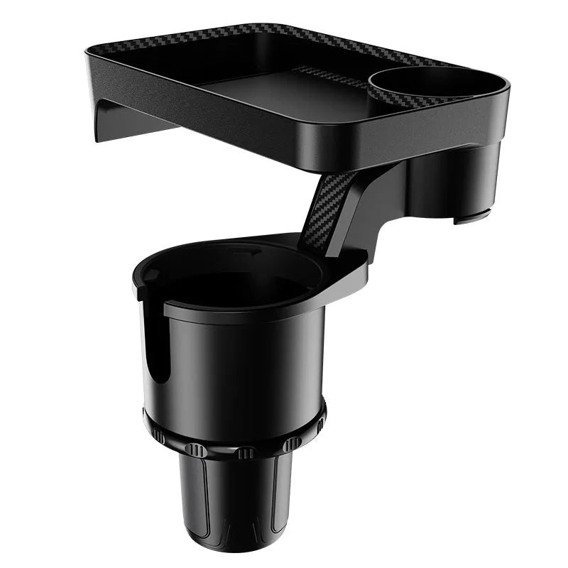 Black ABS plastic car-mounted rotating dinner tray holder attached to vehicle cup holder