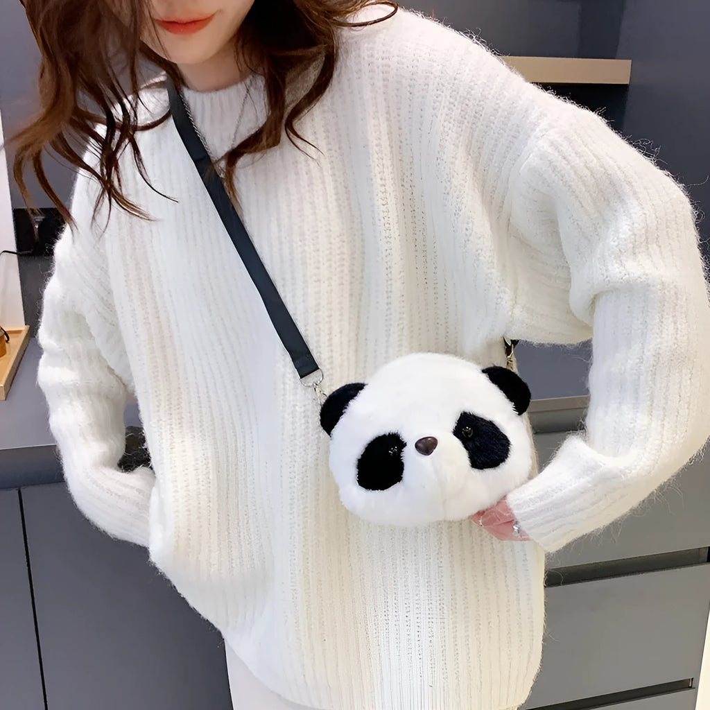 Plush panda head design cylindrical crossbody bag measuring 18cm wide