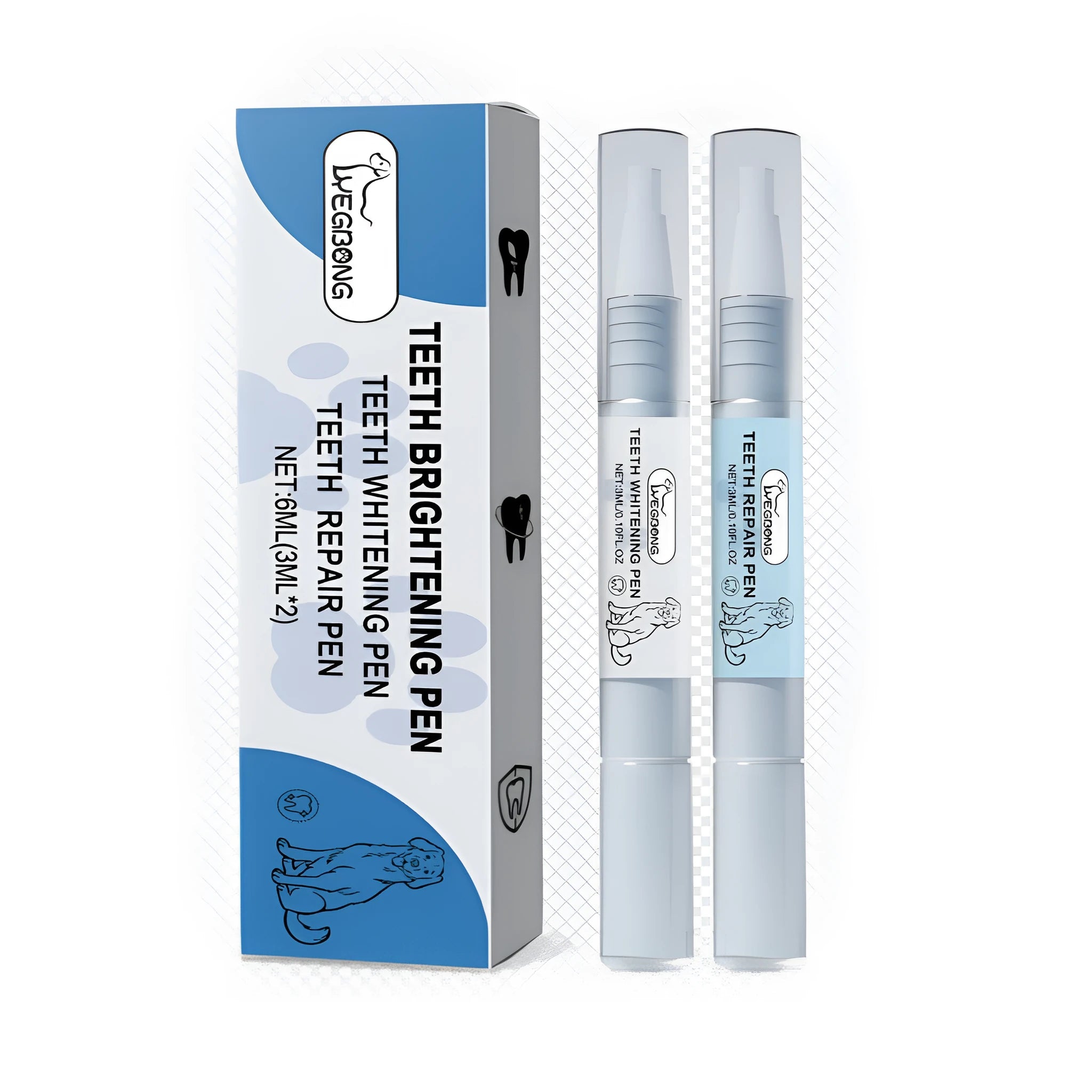 Pet dental brightening pen set showing repair and whitening pens with 1.3x12.8cm dimensions