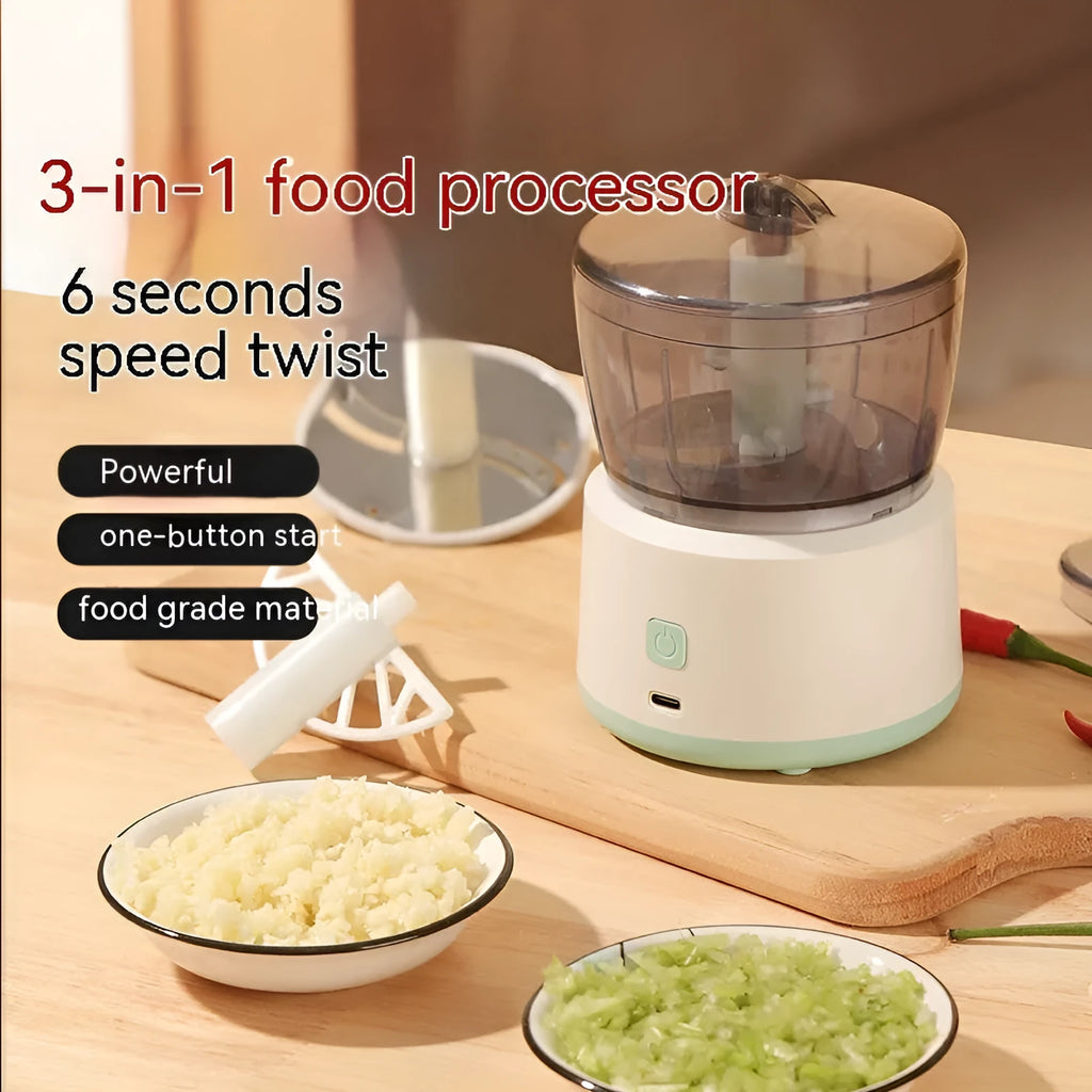 Mini meat grinder with transparent cup body, stainless steel blade, and USB rechargeable port in white colour