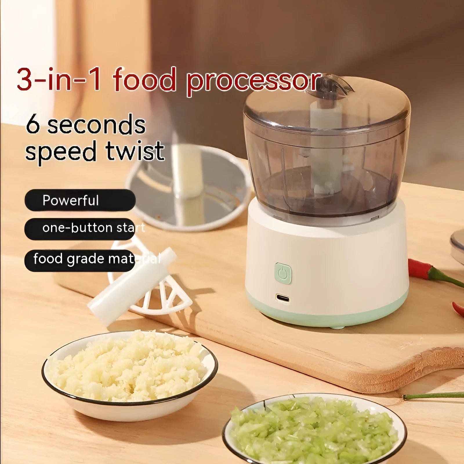 Mini meat grinder with transparent cup body, stainless steel blade, and USB rechargeable port in white colour