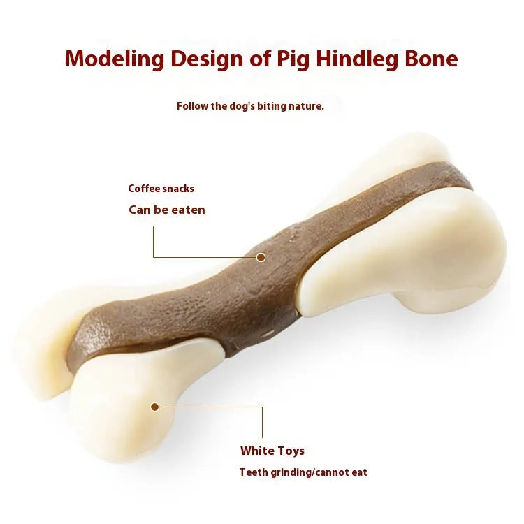 Dog bone grinding rod chew toy with cowhide and nylon construction in foodie bones design