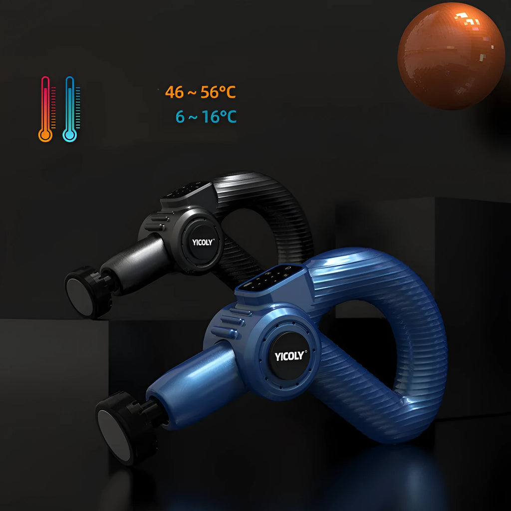 Black smart muscle massage gun with heat and cold therapy settings and five attachable heads