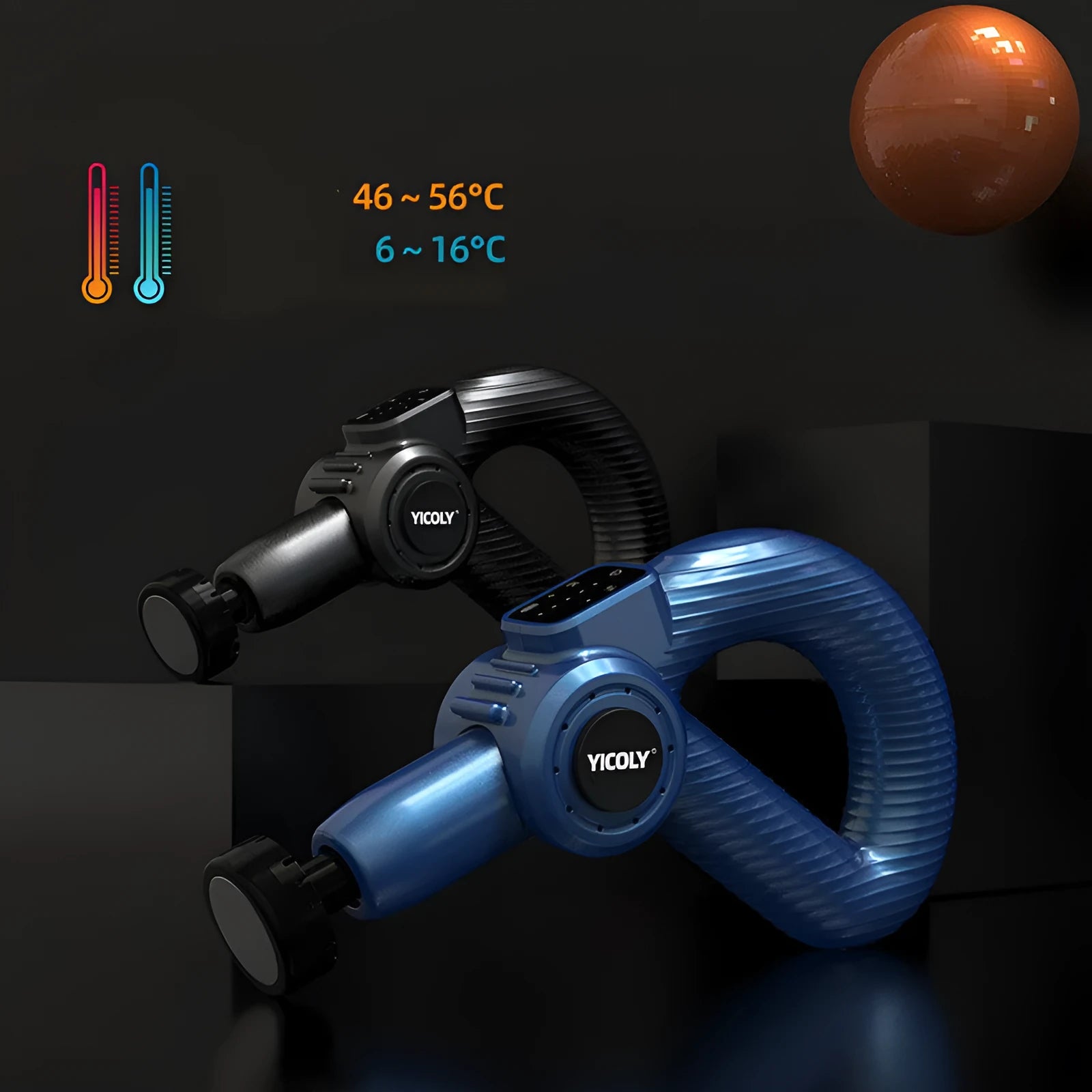 Black smart muscle massage gun with heat and cold therapy settings and five attachable heads