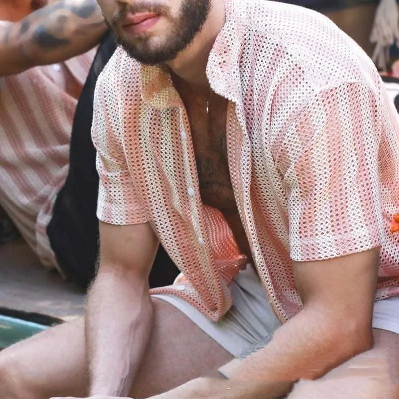 Men's pink waffle knit loose cardigan shirt with short sleeves for summer casual wear