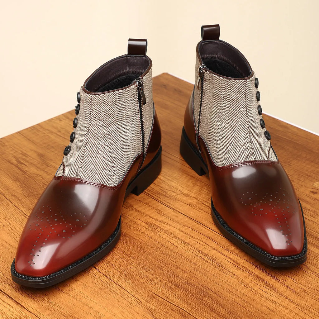 Men's brown and green retro formal shoes with side zip, square toe, and low square heel.
