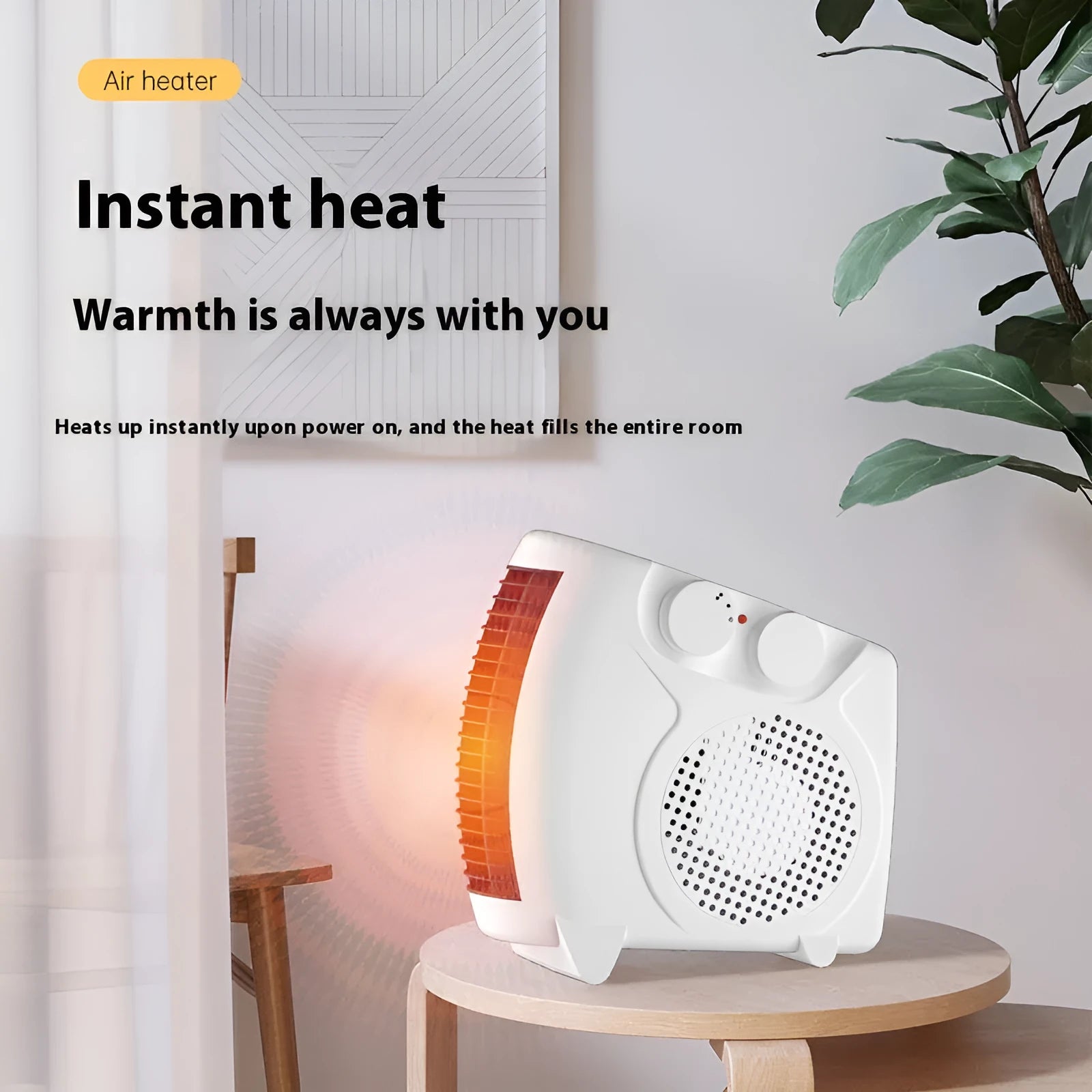Small white electric heater with compact design for desktop placement showing front ventilation grille.