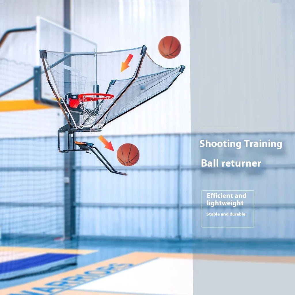Automatic basketball return training system showing cowhide leather and iron construction for solo shooting practice