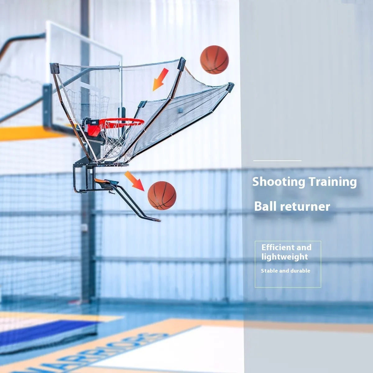 Automatic basketball return training system showing cowhide leather and iron construction for solo shooting practice