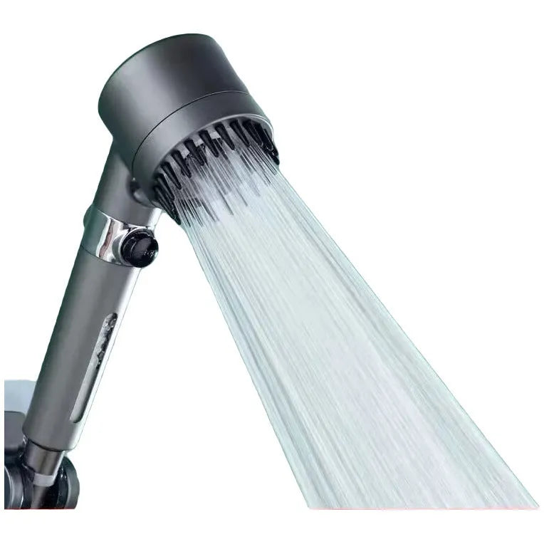 Portable ABS plastic shower head with third gear adjustment for spray, massage, and rain settings.