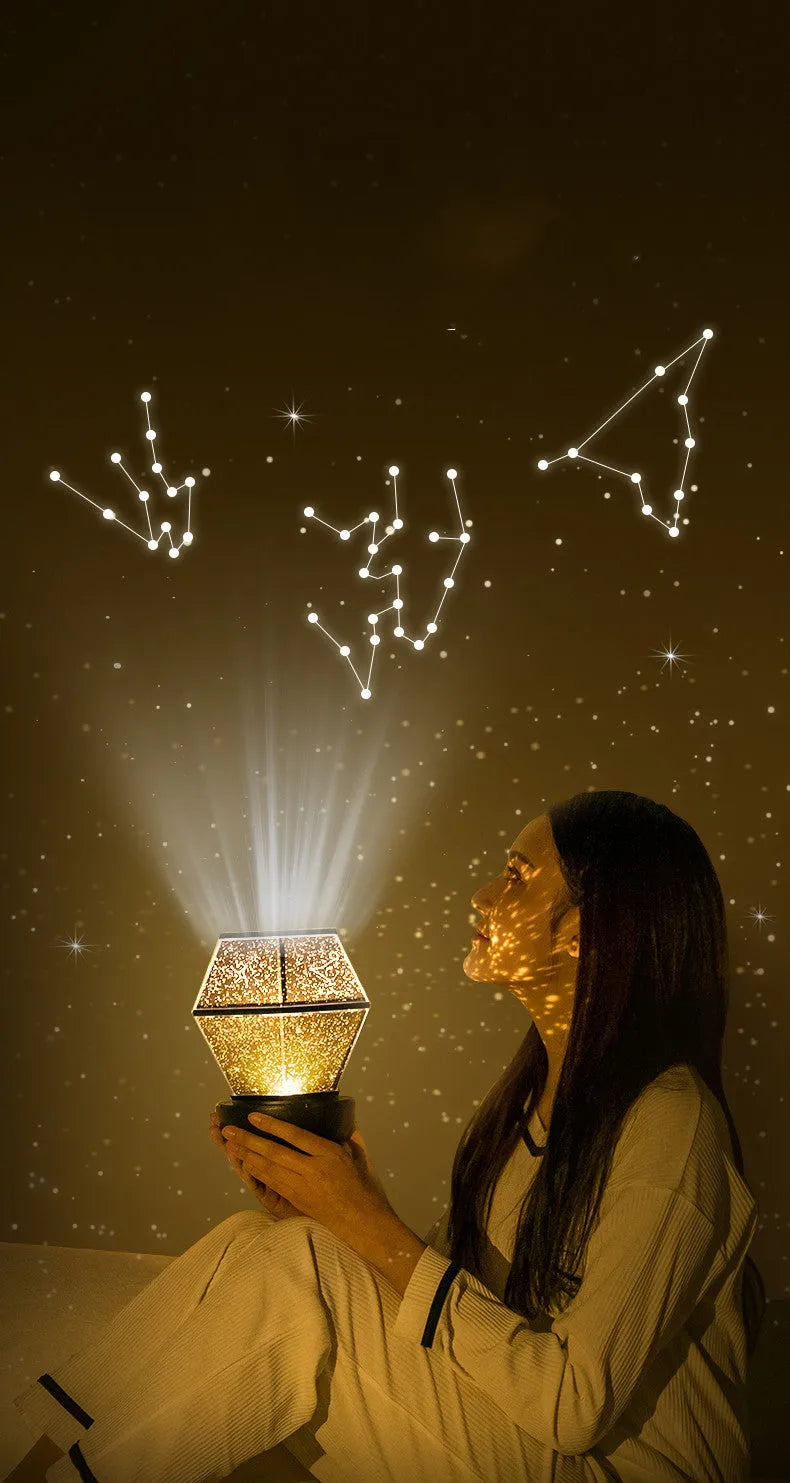 LED rotating star night light for children projecting coloured stars on a wall.