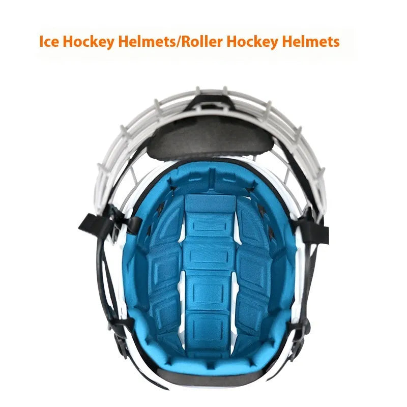 Ice hockey helmet with a carbon steel face cage, shown in sizes S, M, L, XL for head protection.