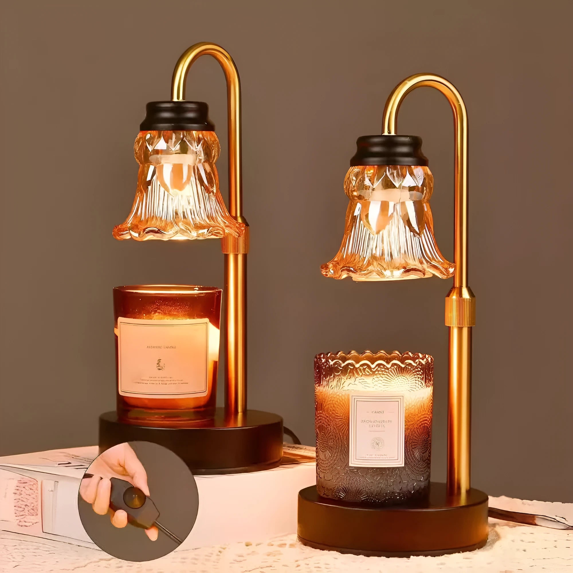 Bamboo holder wax melting lamp with adjustable lifting mechanism showing height adjustment