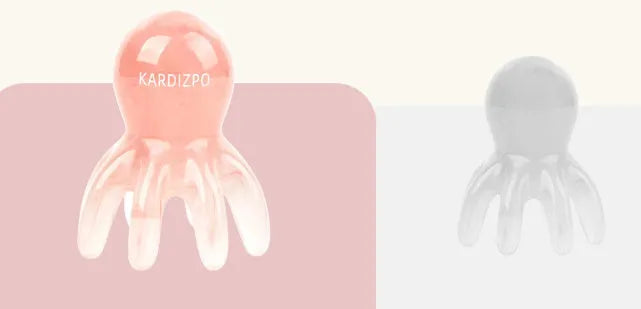 Pink octopus-shaped natural resin massage comb for periocular meridian, shown with its storage bag.