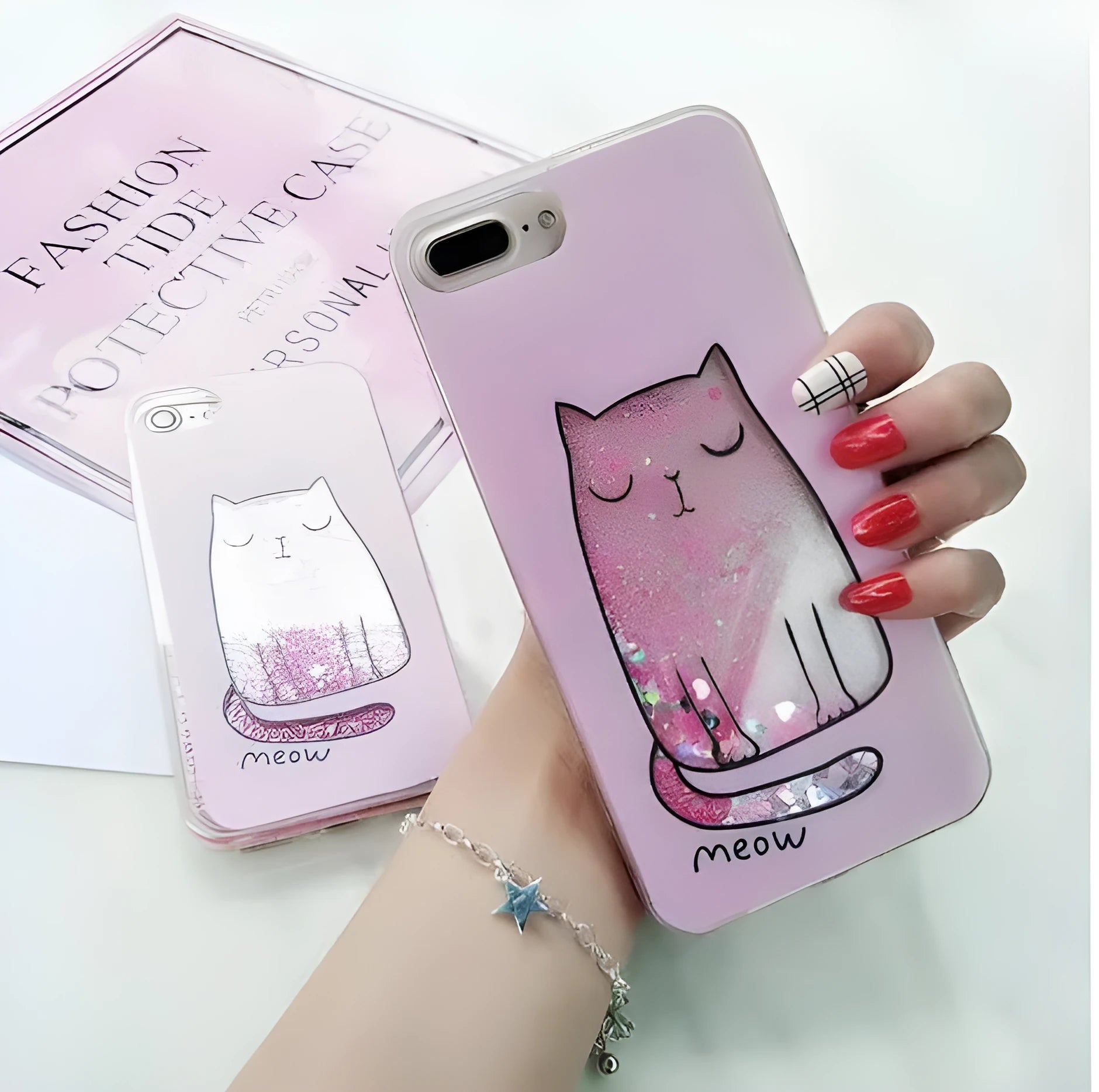 Four colourful cat-themed glitter phone cases for Apple iPhone models on a white background.