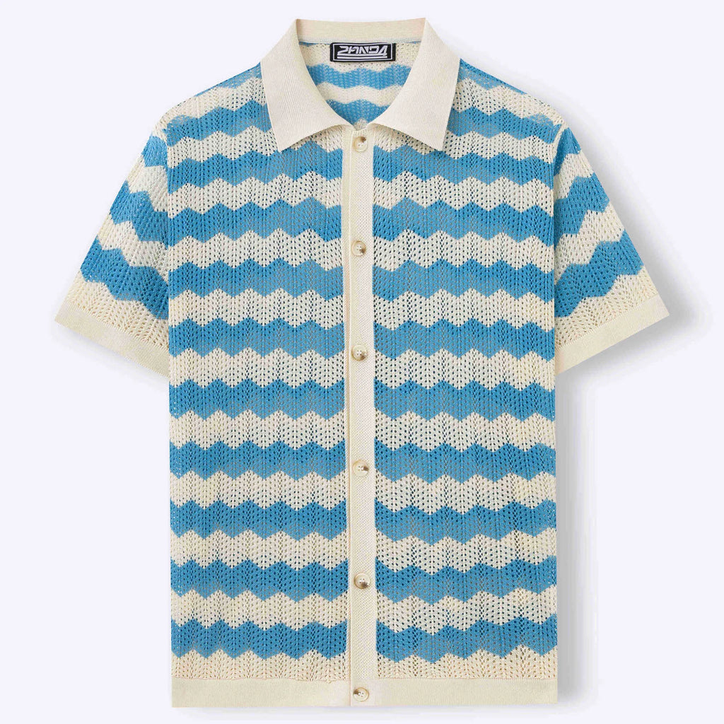 Yellow, blue, and brown short-sleeve sweater with hollow jacquard corrugated texture and flocking detail.