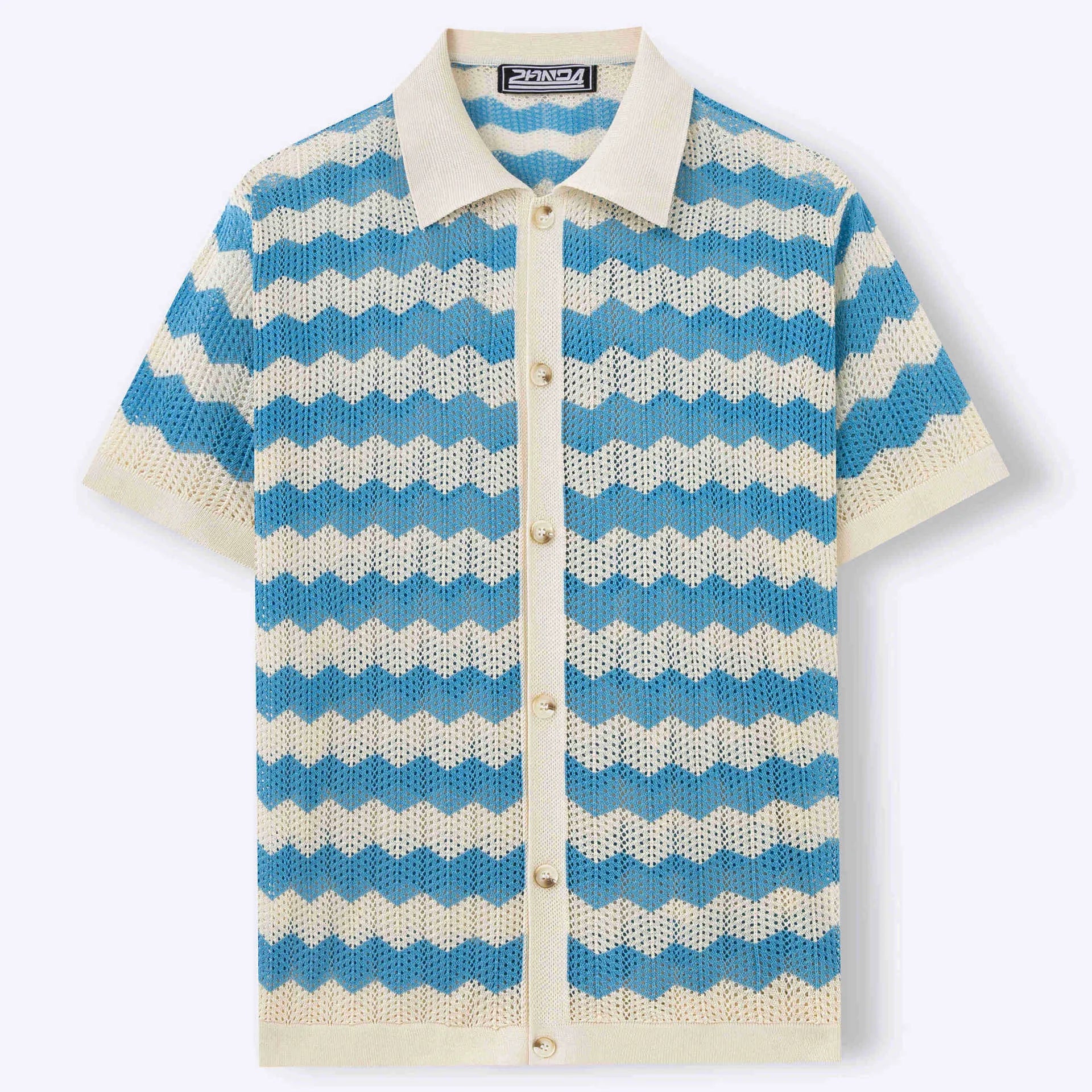 Yellow, blue, and brown short-sleeve sweater with hollow jacquard corrugated texture and flocking detail.