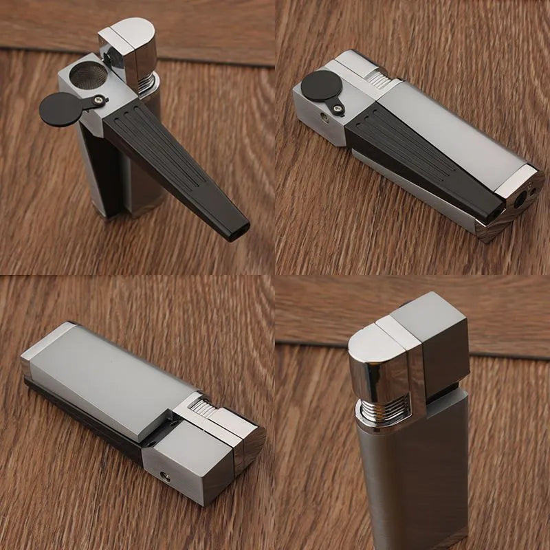 Silver square cover 2-in-1 metal pipe lighter, refillable butane, 9.2 cm long, zinc alloy and ABS construction