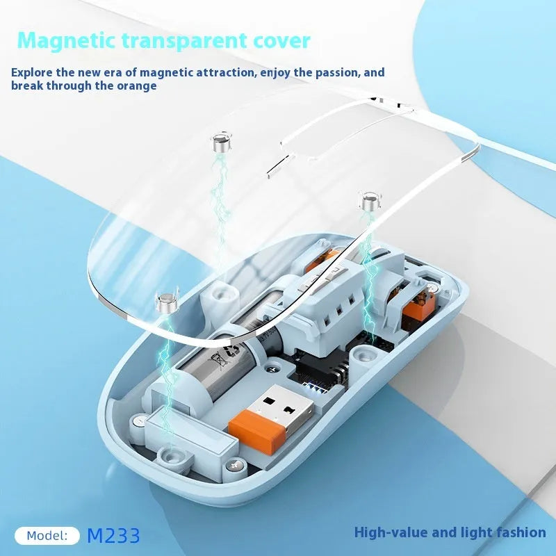 Transparent wireless computer mouse showing internal components with compact plastic design