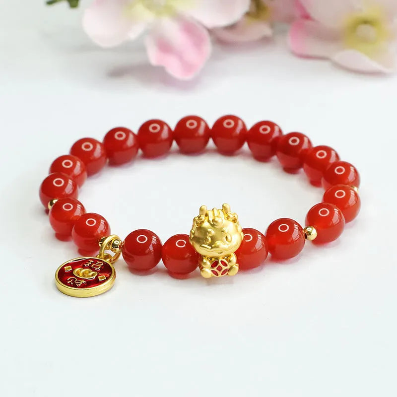 Red agate zodiac dragon bracelet with 8mm natural stone beads on white background