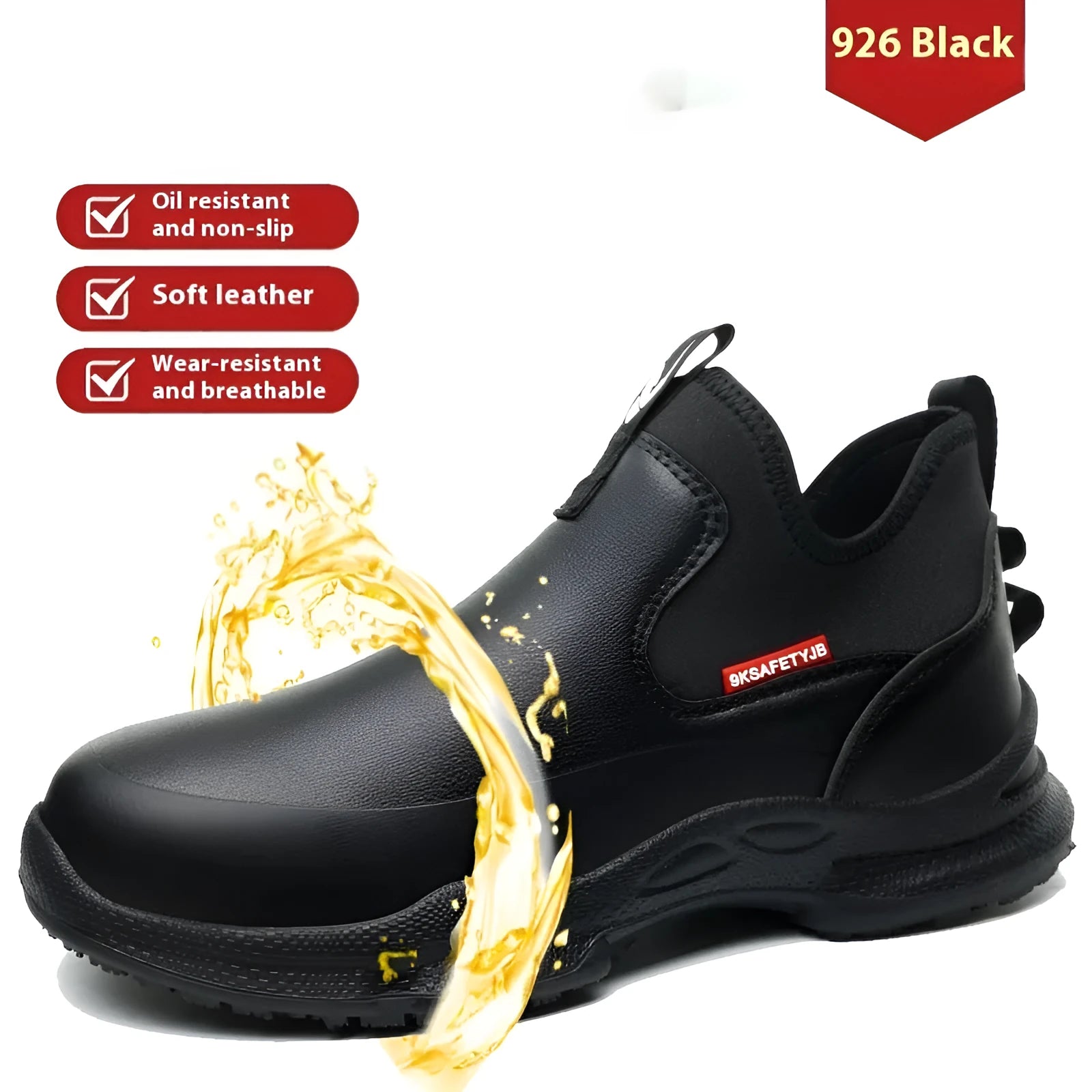 Men's black high-cut waterproof work shoes with rubber anti-slip soles.
