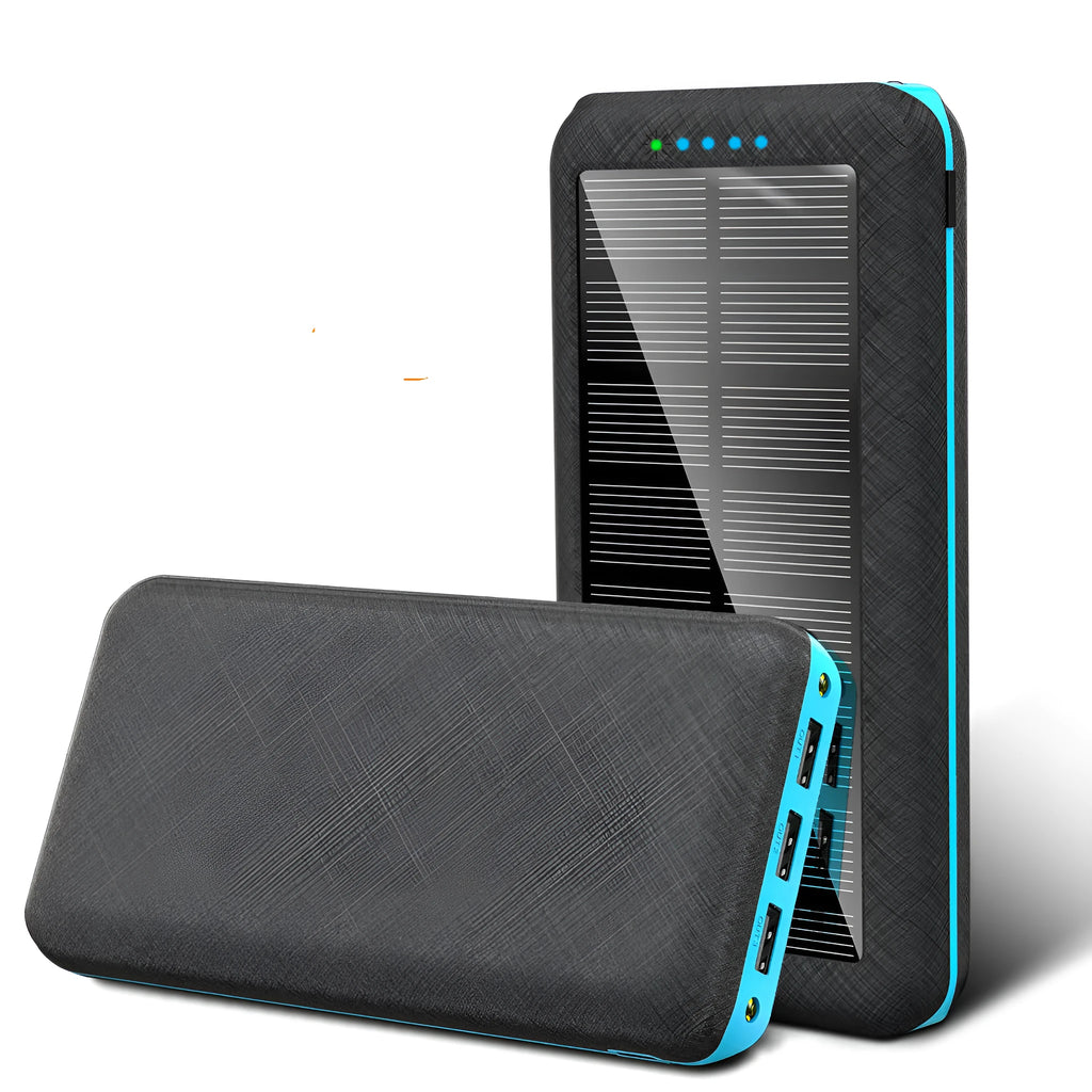 Qi wireless solar power bank with 3 USB outputs and LED flashlight in black plastic shell