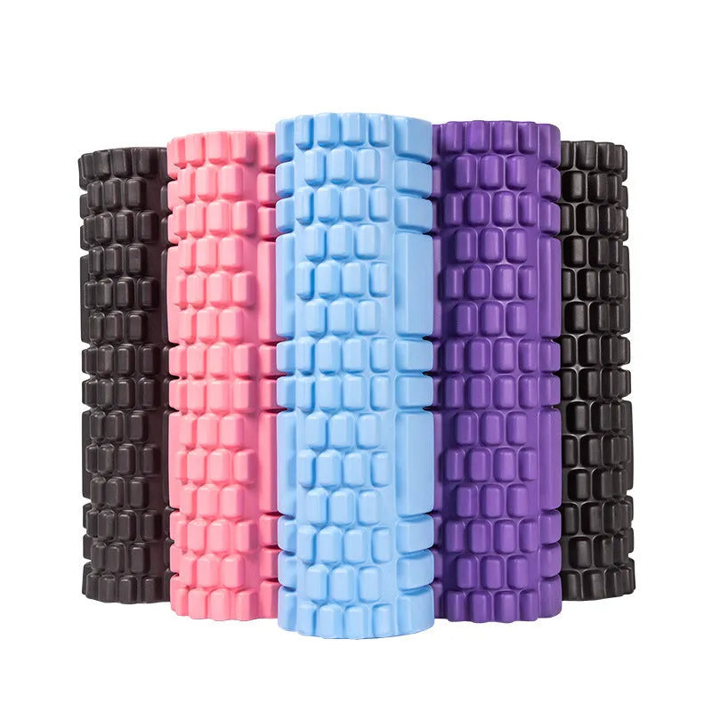 EVA foam roller for fitness recovery in black, shown beside colour options including grey, pink and sky blue