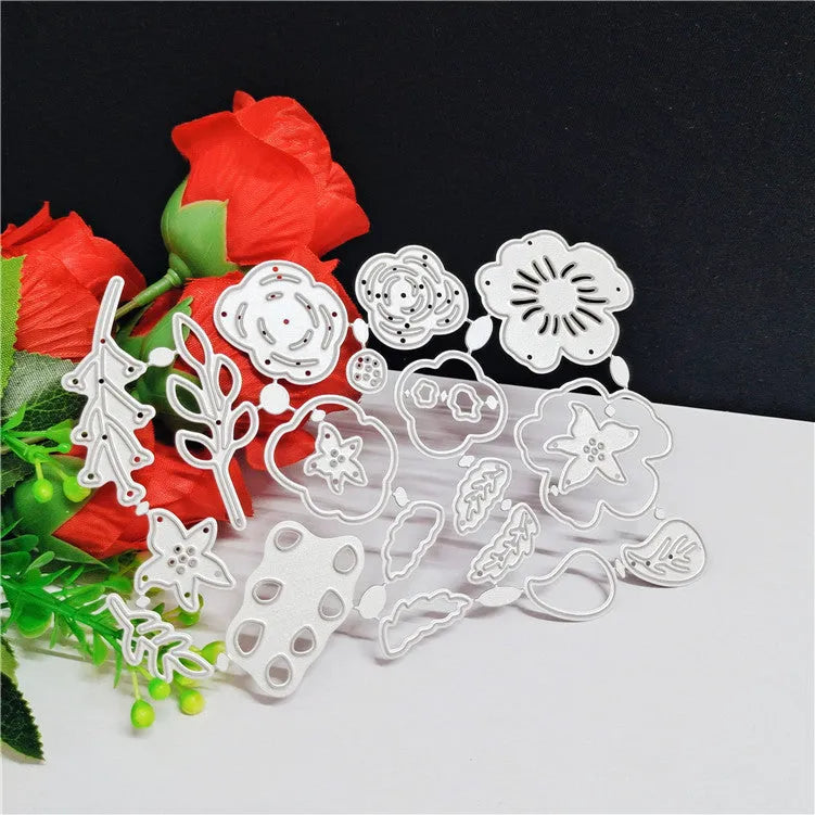 Silver carbon steel flower die for paper cutting, 14.3 x 9.9 cm etched floral design