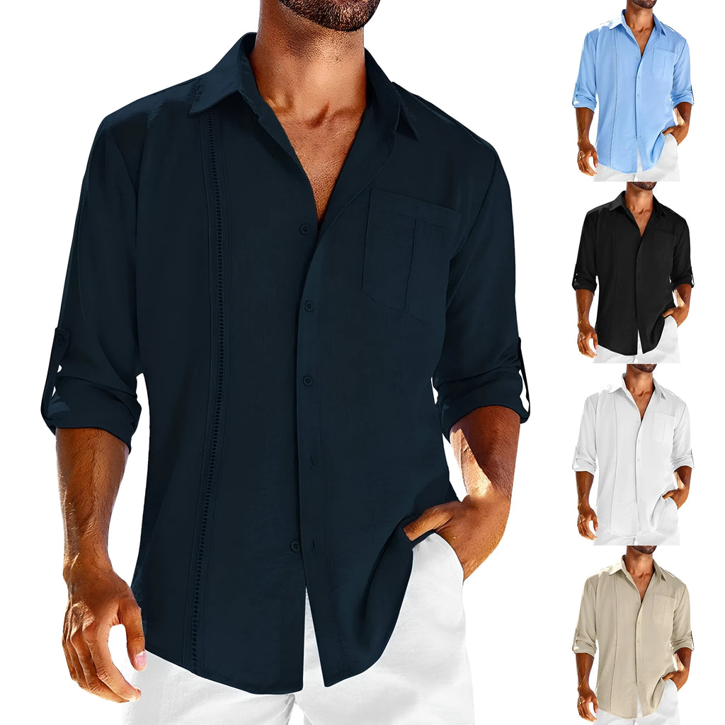 Men's grey long sleeve casual shirt with a button polo collar and chest pocket.