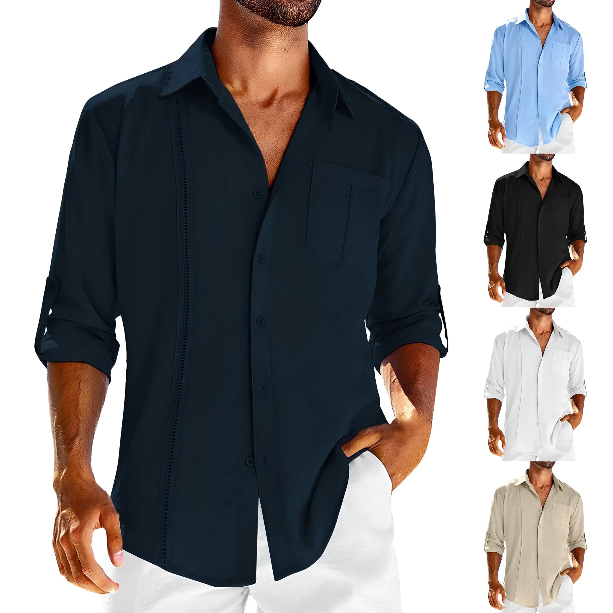 Men's grey long sleeve casual shirt with a button polo collar and chest pocket.