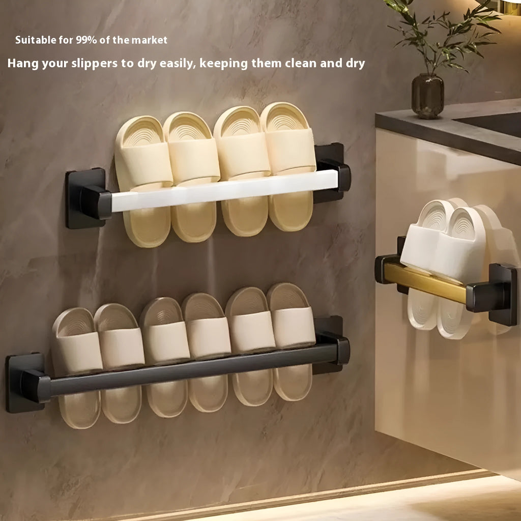 Black wall-mounted bathroom slipper rack with seat, punch-free carbon steel design, 30cm size