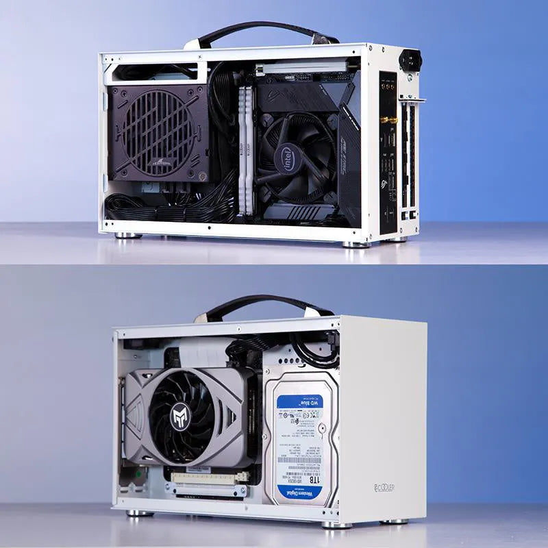 Hummingbird PRO ITX desktop computer chassis in titanium grey or white colour options