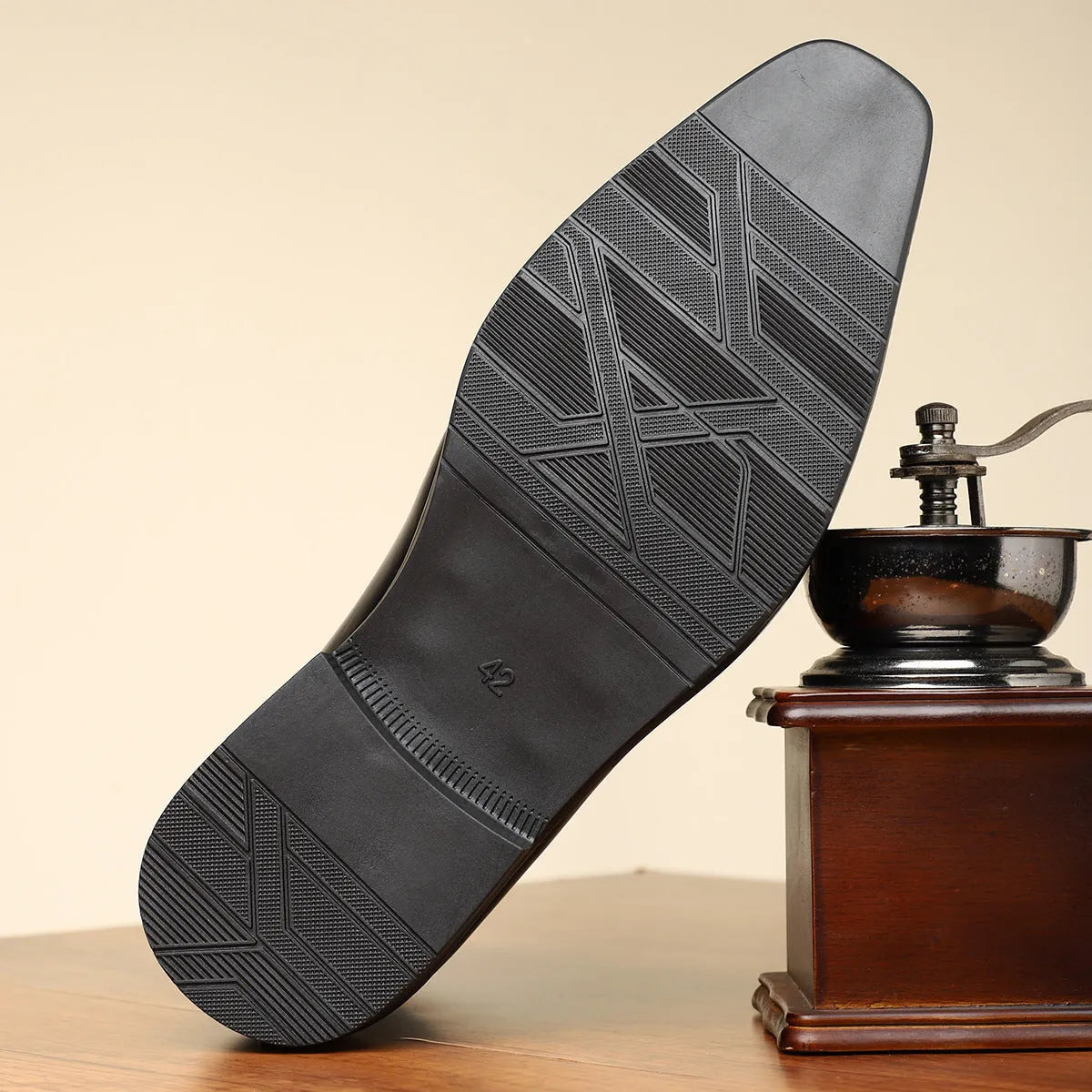 Men's brown and green retro formal shoes with side zip, square toe, and low square heel.