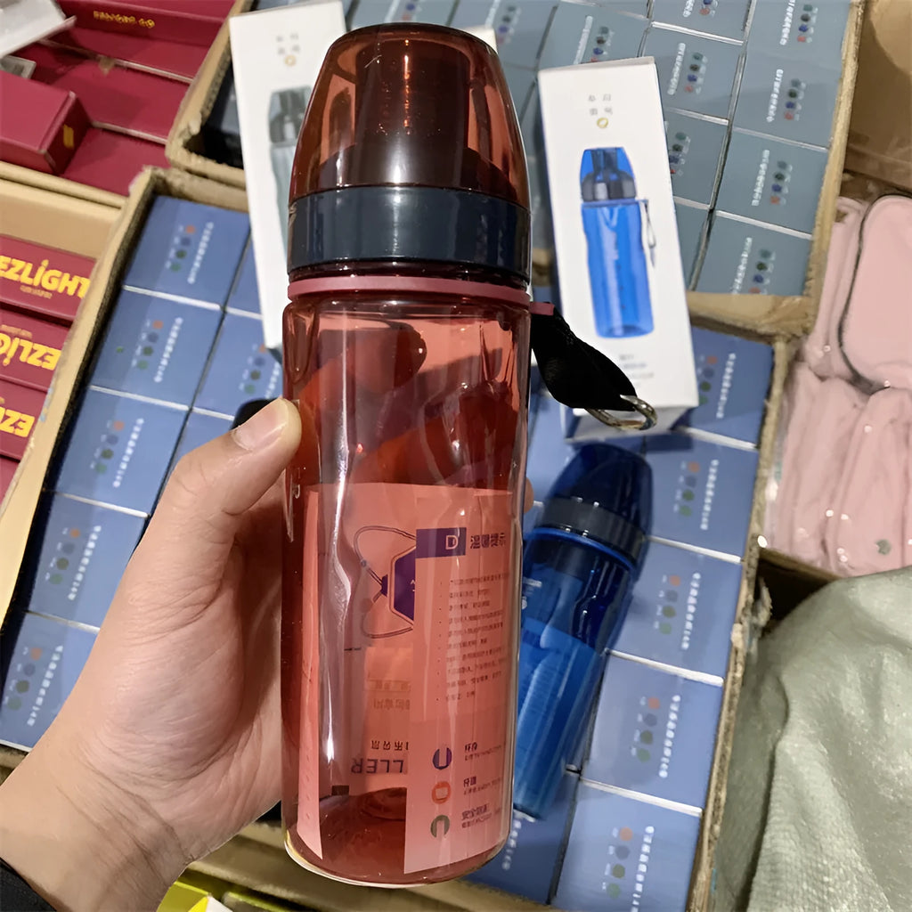 Chinese style portable sports water cup with tea compartment in blue, red, black, or grey colour.