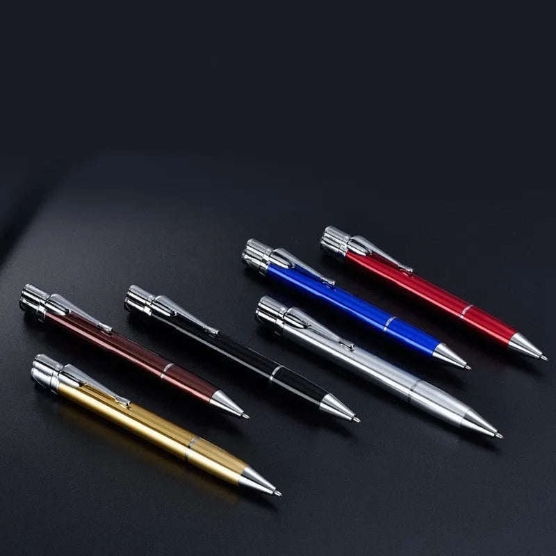 Creative metal signature pen lighter with windproof turbo jet flame in black, with pen clip and side press ignition