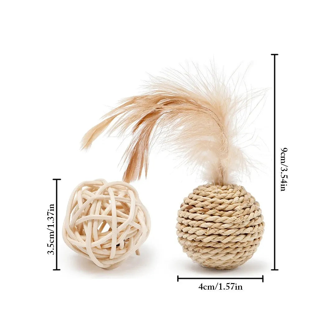 Two-piece cat toy set showing rattan ball and faux feather bell ball for interactive pet play