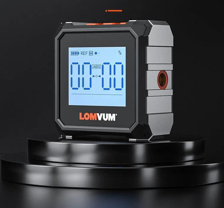 Digital laser infrared inclinometer with alloy casing and backlit display for woodworking and engineering.