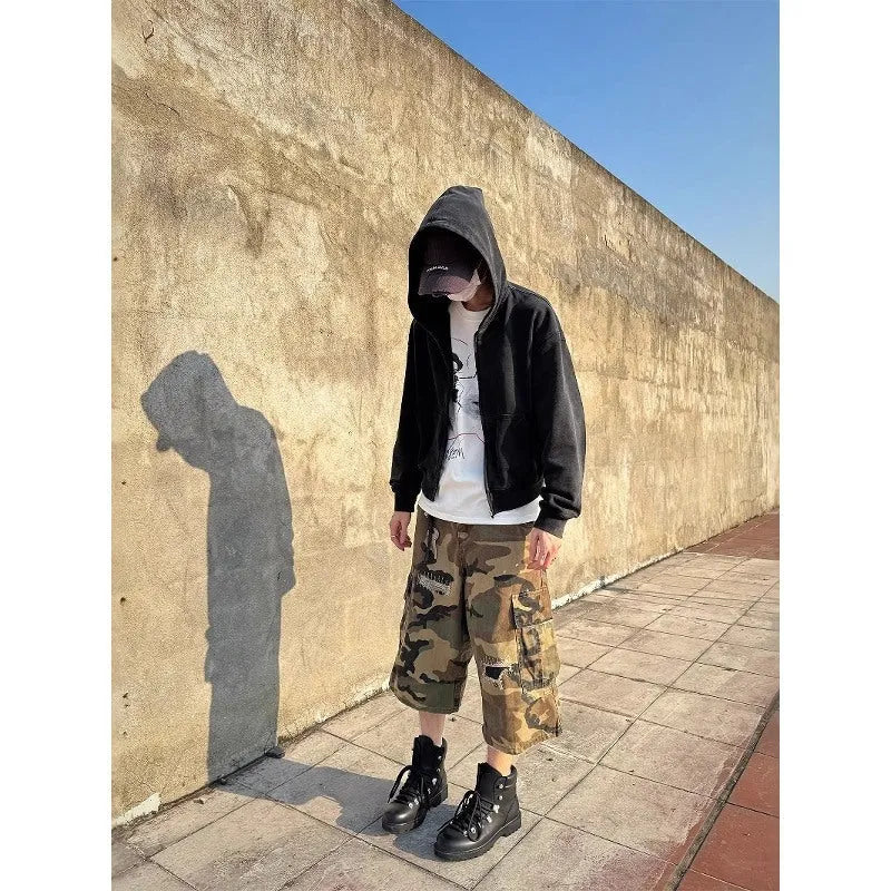 Men's camouflage coloured cropped jeans with ripped detailing and straight leg loose fit