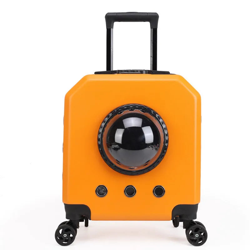 Hard-shell pet flight case with trolley wheels and storage compartment in choice of four colours