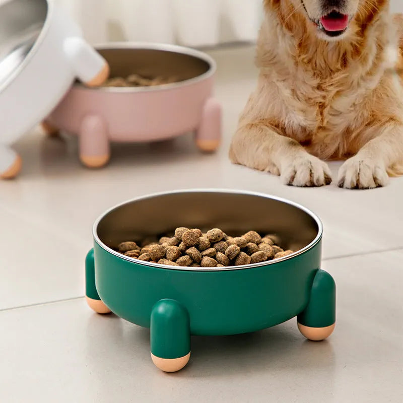 Green stainless steel pet bowl with a non-slip base and raised high-foot design.