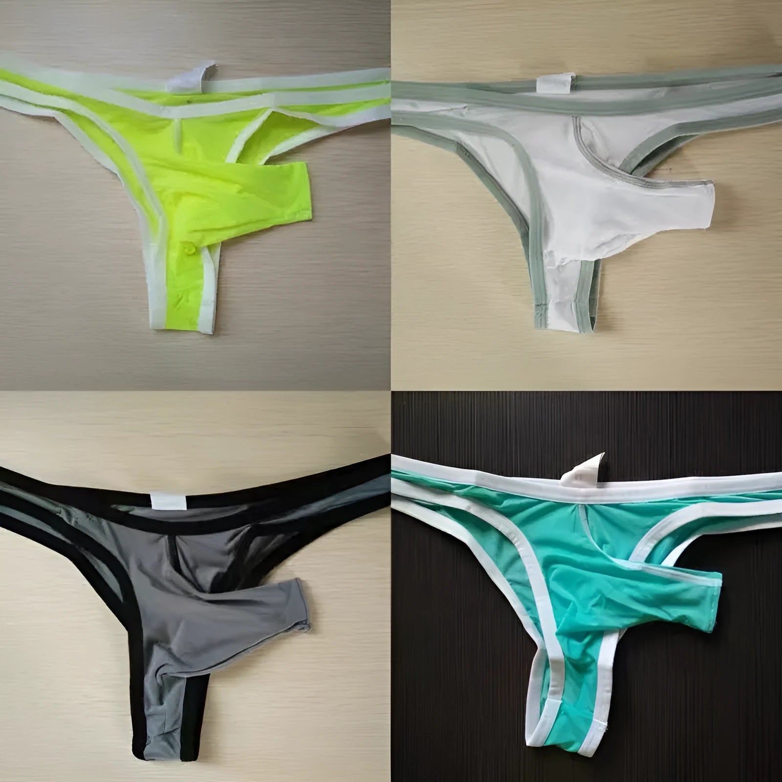 Men's white nylon ice silk small briefs with elephant nose style cut on a flat lay.