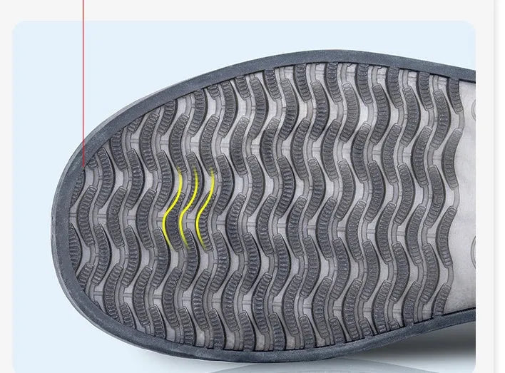 White high-top PVC reusable shoe covers for women, shown with size chart.