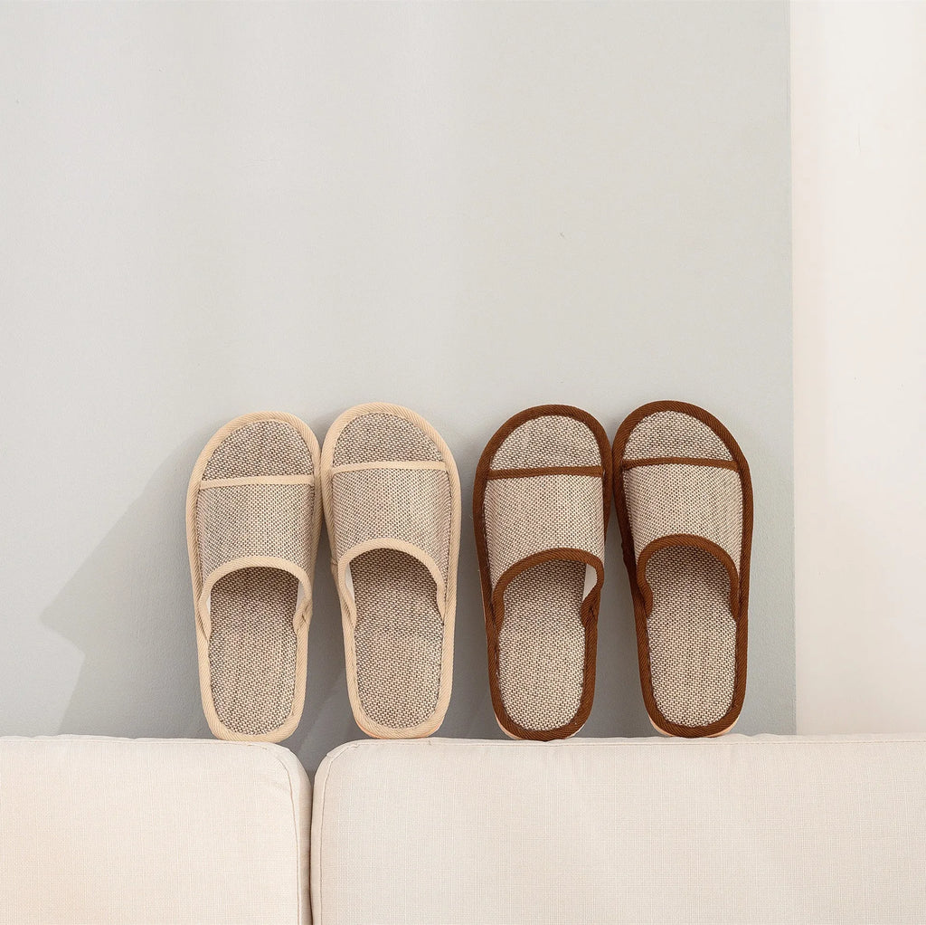 Women's cotton and linen open toe slippers in dark coffee, thickening sole, breathable indoor house shoes