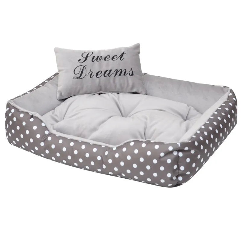 Polka dot print small dog bed with matching square pillow in grey, blue, pink or red.