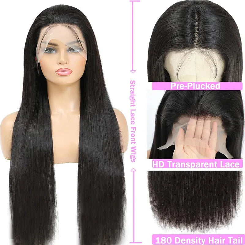 Straight black human hair wig with 13x6 lace front, shown in long length.