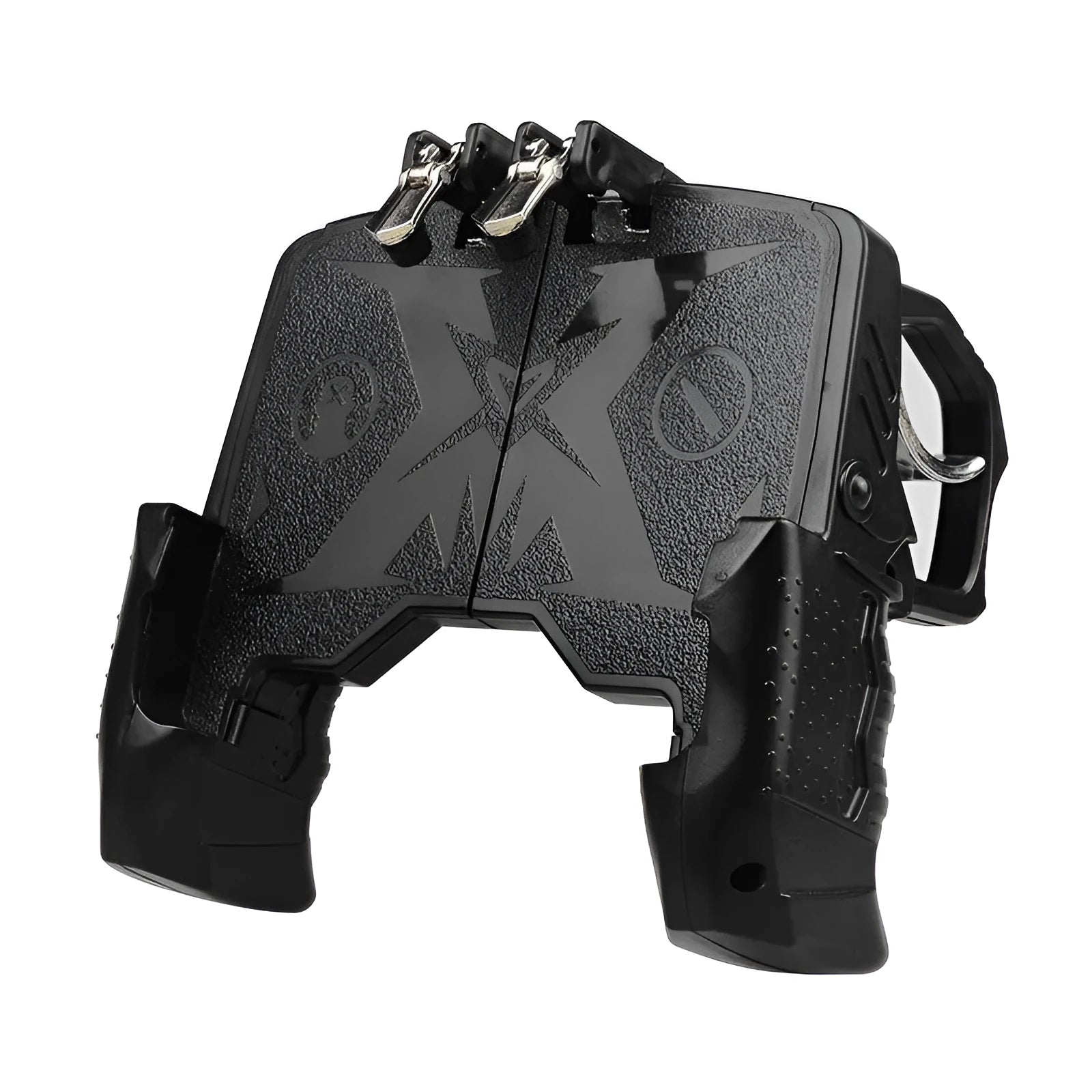 Black mobile phone game controller with physical buttons plugged into smartphone